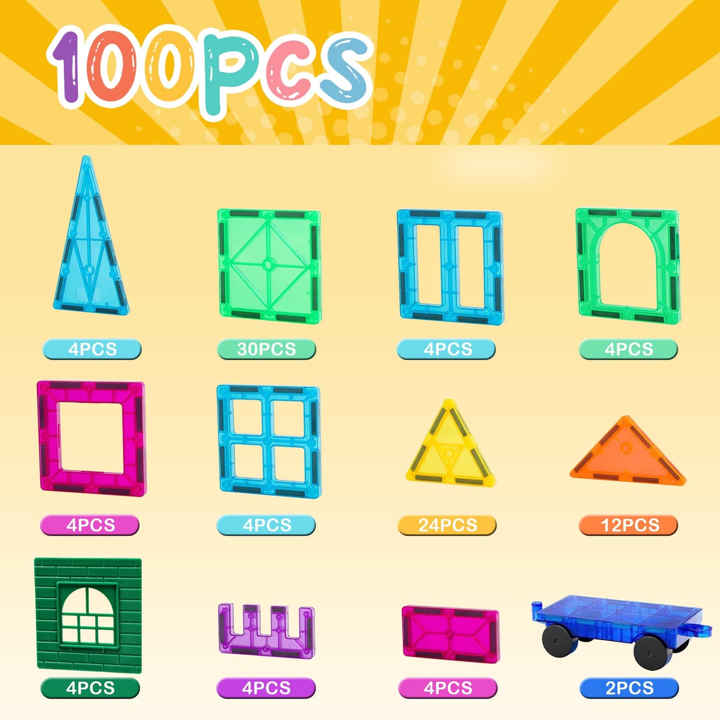 FNJO Magnetic Tiles 100pcs – STEM Magnet Building Blocks Set for Kids, Preschool & Kindergarten Construction Stacking Classroom Toy