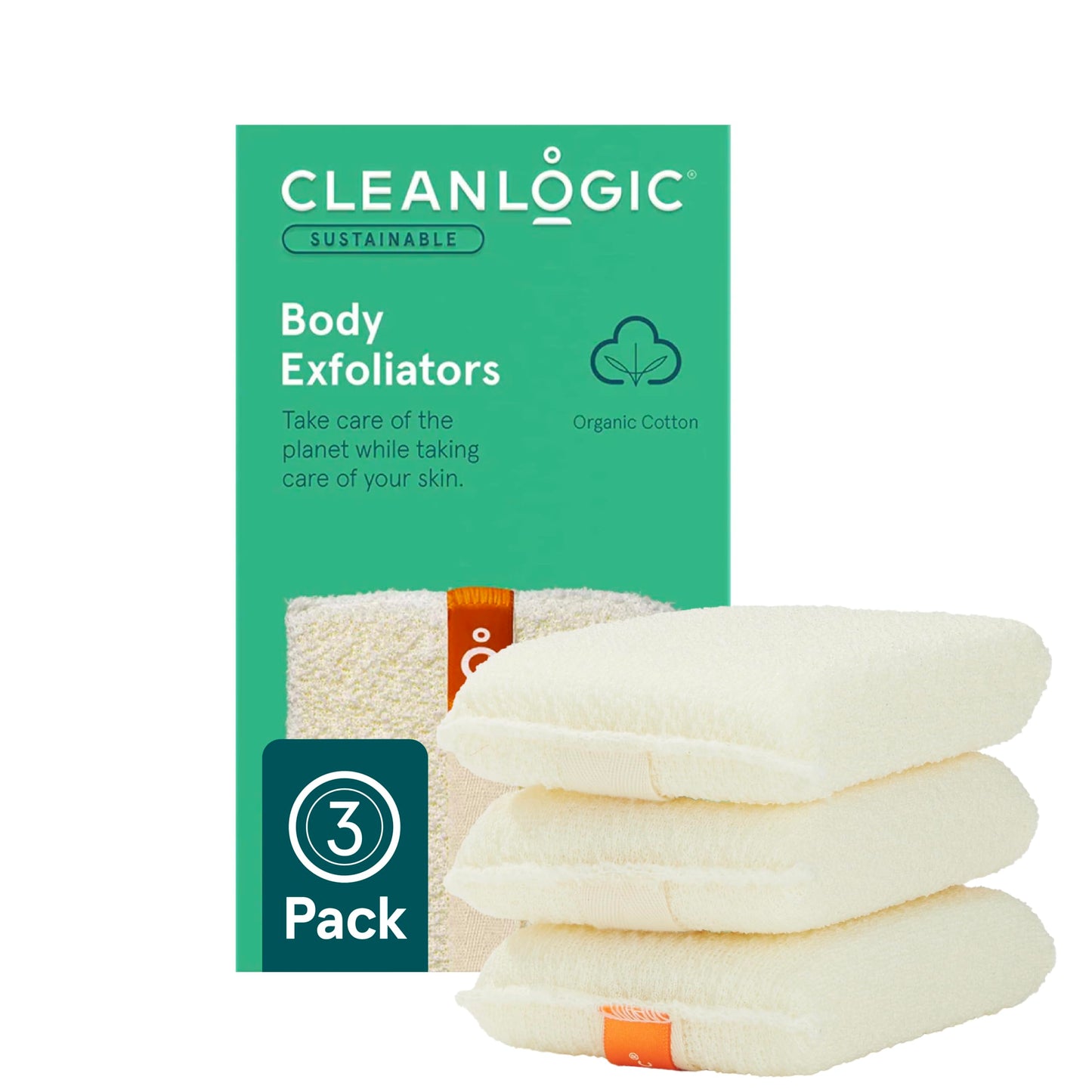 Cleanlogic Organic Cotton Exfoliating Body Scrubber, Reusable Exfoliator Tool for Smooth and Softer Skin, Daily Skincare Routine, Natural, 3 Count