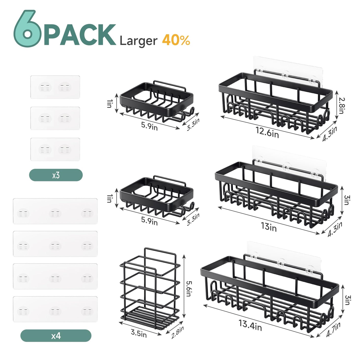 Veken 6-Pack Shower Caddy Set – Rustproof Adhesive Wall Shelves with Soap Holder, No Drilling, Large Capacity Bathroom Organizer