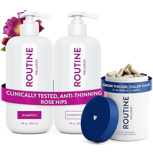 Routine Wellness Hair Thinning System, Anti-Thinning Shampoo & Conditioner Set Rose Hips + Hair Growth Supplement, Clinically Tested to Support Hair