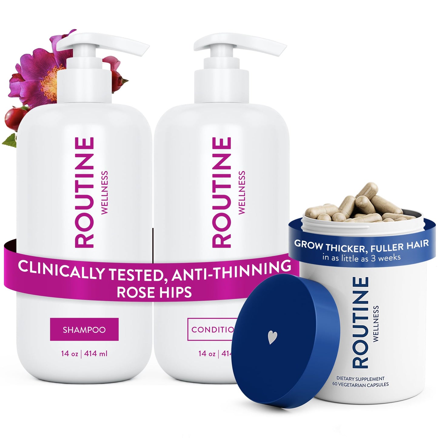 Routine Wellness Hair Thinning System, Anti-Thinning Shampoo & Conditioner Set Rose Hips + Hair Growth Supplement, Clinically Tested to Support Hair