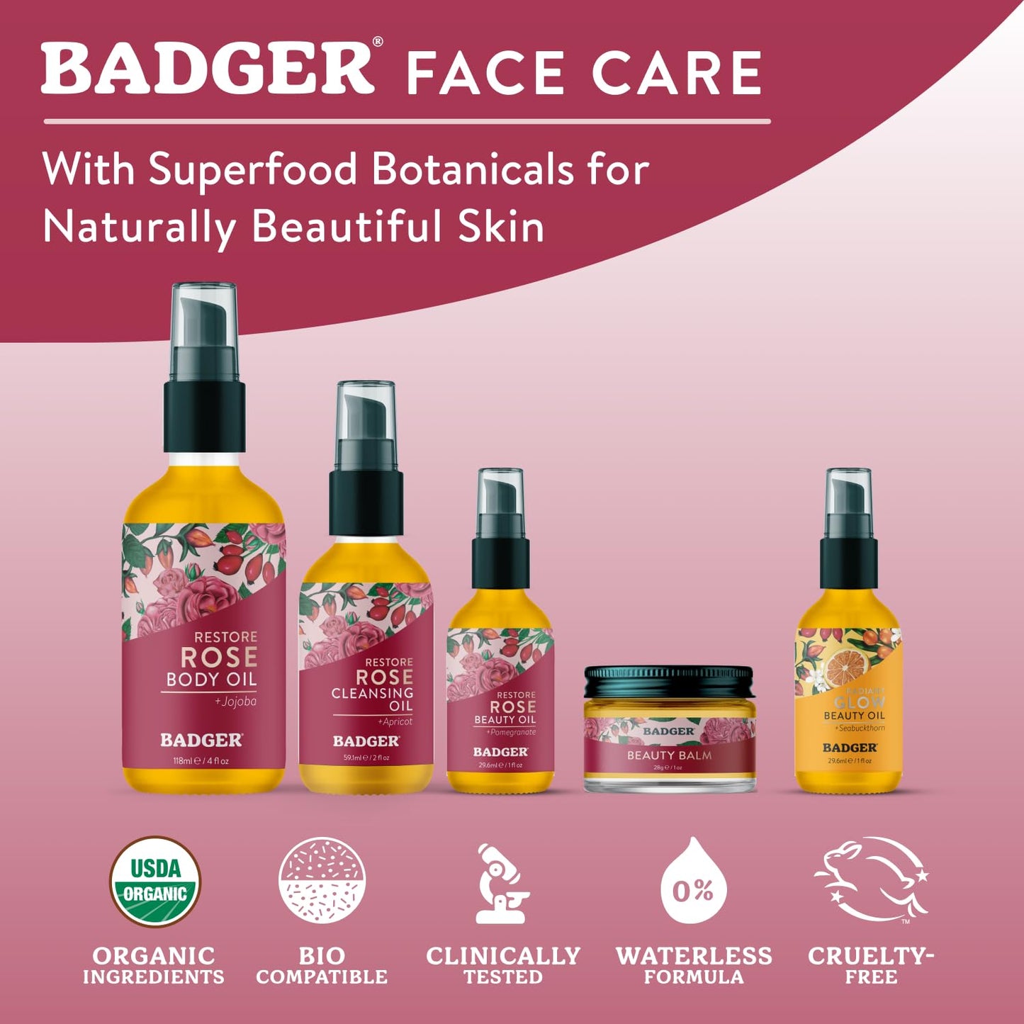 Badger Rose Face Oil, 100% Organic Face Moisturizer, Nourishing & Soothing Organic Jojoba Oil & Rose Oil, Vegan Antioxidant Rich Moisturizing Facial