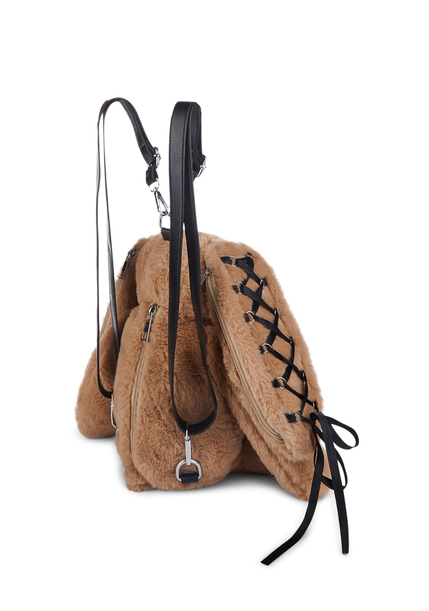 Dolls Kill Cuddly Bunny Plush Backpack by Current Mood - Brown, Faux Fur Backpack with Lace-Up Ribbon Ears, One Size