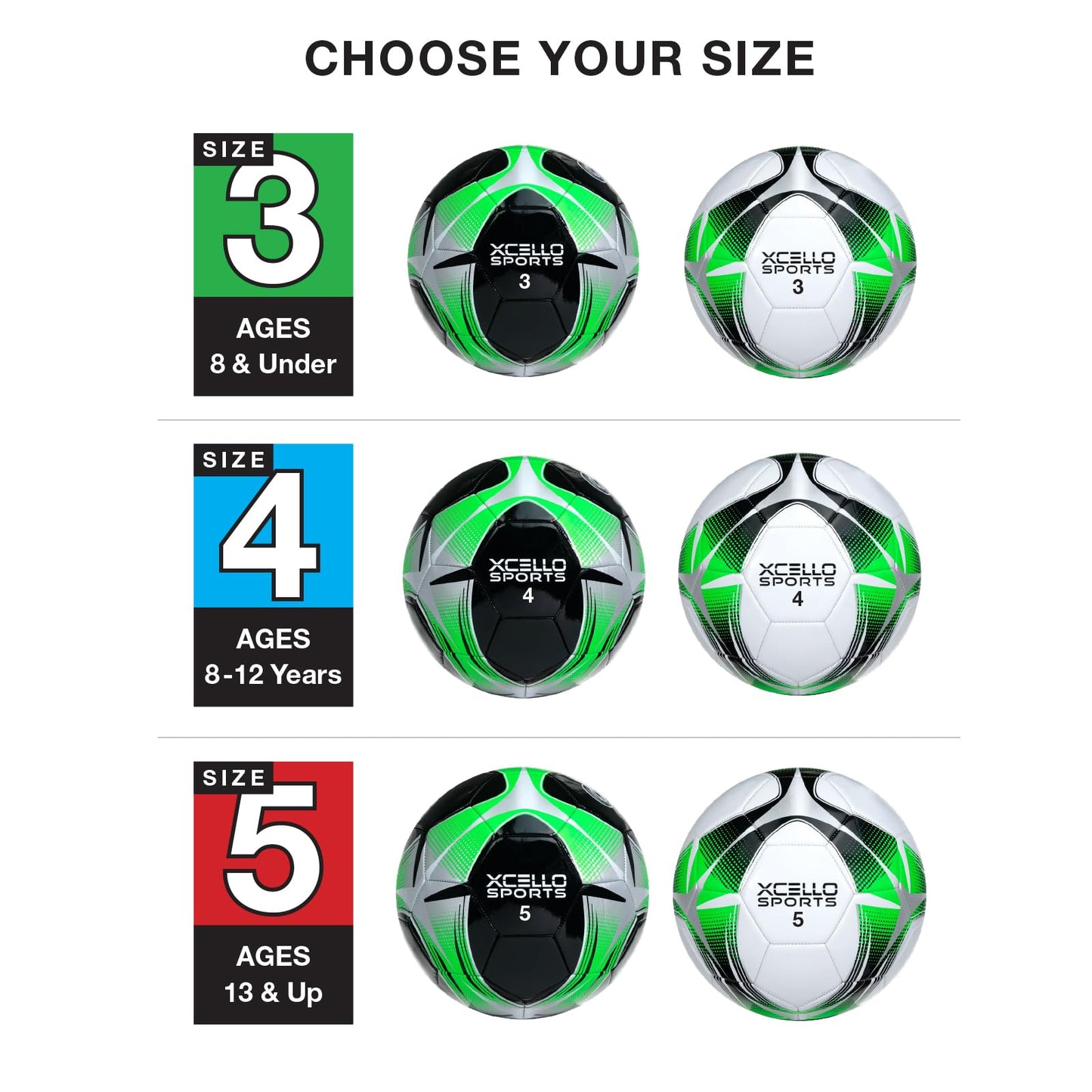 Xcello Sports Soccer Ball (Black/Green/Silver, White/Green/Silver) w/Pump (Size 4, Pack of 6)