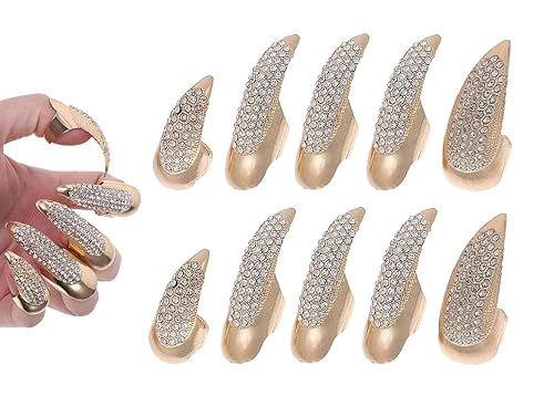 10 Pcs Halloween Costume Fake Finger Claws - Gothic Punk Cosplay Nail Rings - Sparkling Crystals Paved Party Accessories for Girls Women Men - Witch