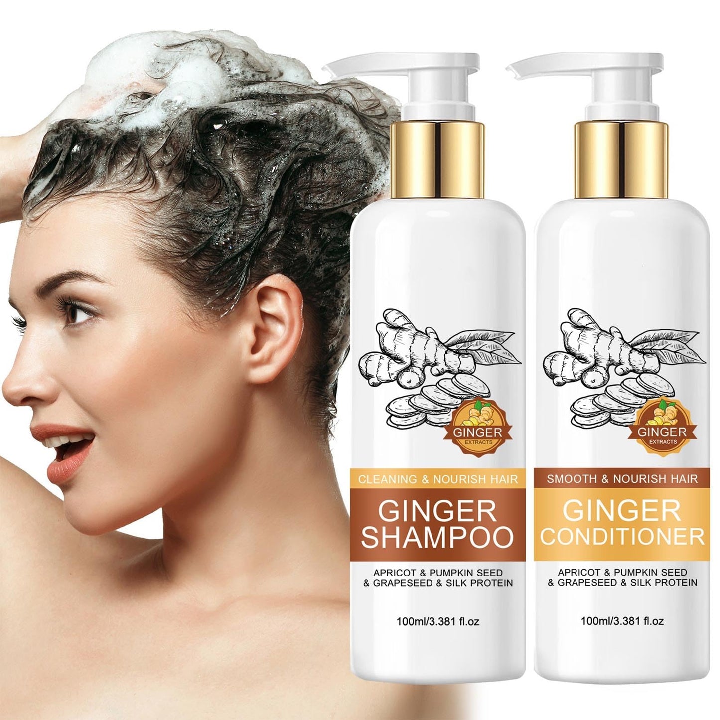 Ginger Shampoo and Conditioner Set, Deep Nourishing Shampoo and Conditioner for Hair Growth, Scalp Care, Frizz Control, and Damage Repair, Adds Shine