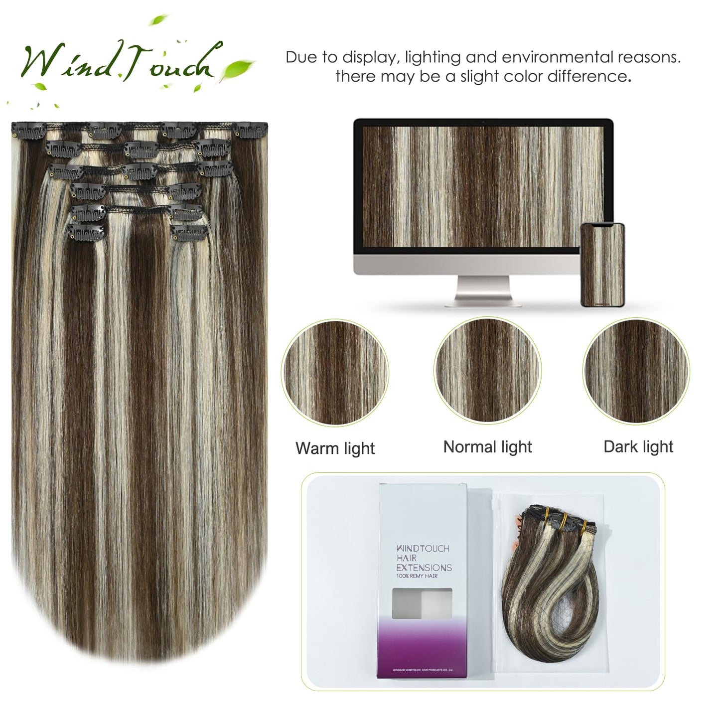 WindTouch Clip in Hair Extensions Medium Brown to Blonde Highlights For Women 20Inch Soft Human Remy Hair Extensions 9A Grade #4P613 75g 7PCS
