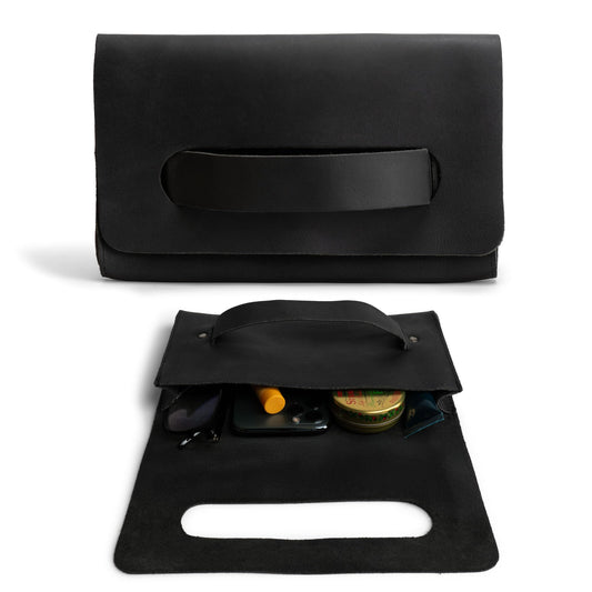 Hide & Drink, Rectangular Clutch Bag With Handle, Wallet for Cards, Money, Stylish Handbag, Full Grain Leather, Handmade, Black