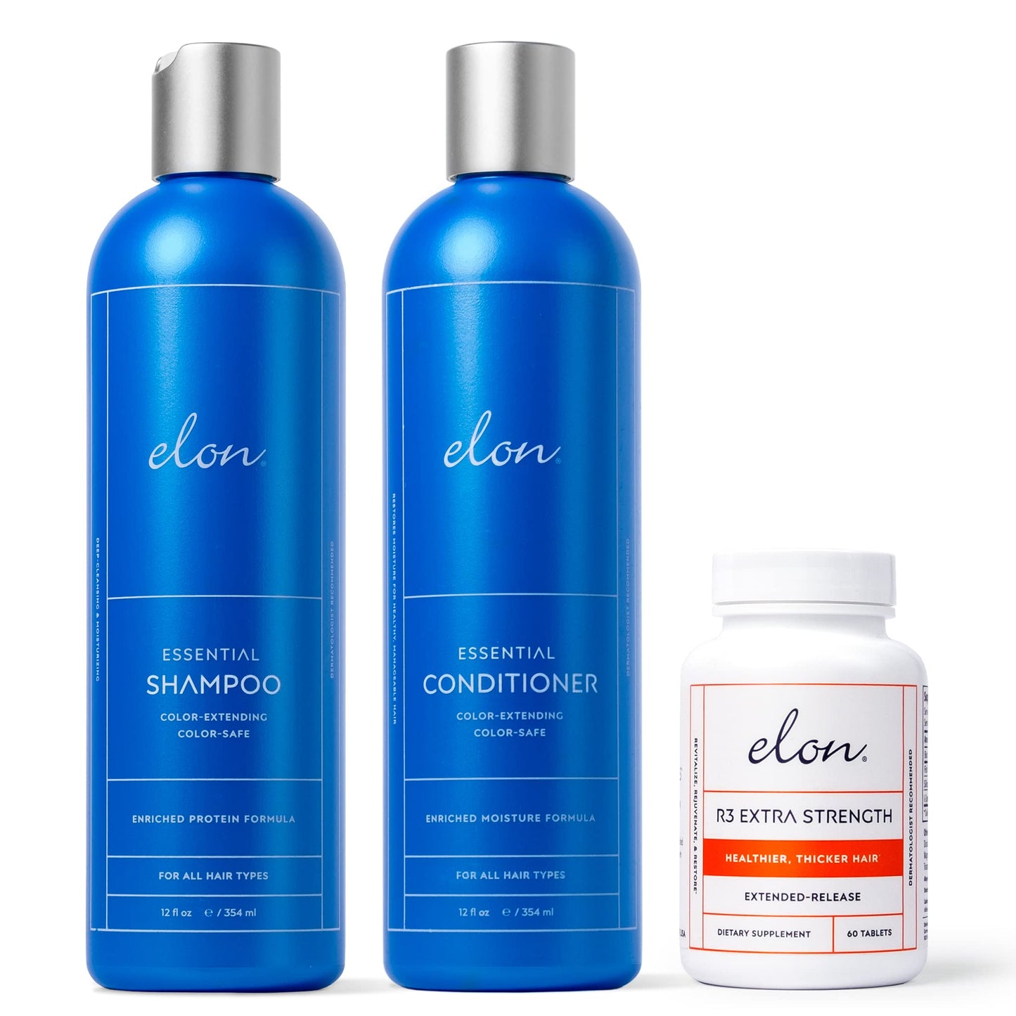 Elon Complete Care Kit for Thinning Hair - Elon Essential Shampoo & Conditioner Set + R3 Extra Strength Hair Growth Supplement - NO Sulfates, Parabens