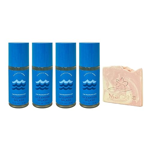 Bath & Body Works Oceanside Splash - 4 Travel Size Fine Fragrance Mists (2.5 fl oz / 75 mL Each) with a Himalayan Salts Springs Sample Soap