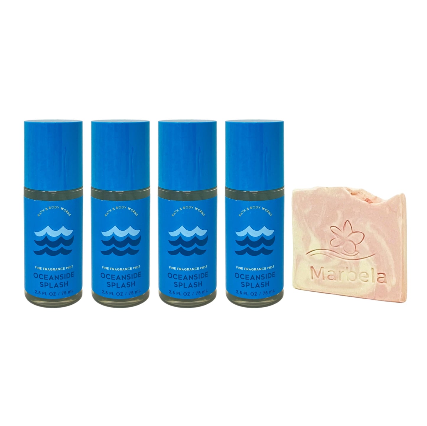 Bath & Body Works Oceanside Splash - 4 Travel Size Fine Fragrance Mists (2.5 fl oz / 75 mL Each) with a Himalayan Salts Springs Sample Soap