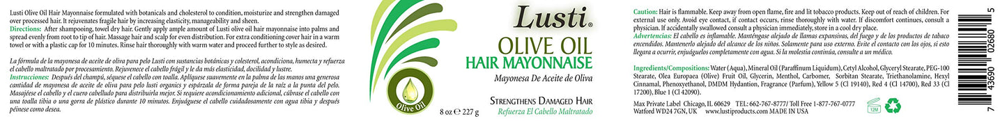 Lusti Olive Oil Hair Mayonnaise, 8 fl oz - Rejuvenate Hair & Scalp - Repair Dry and Damaged Hair