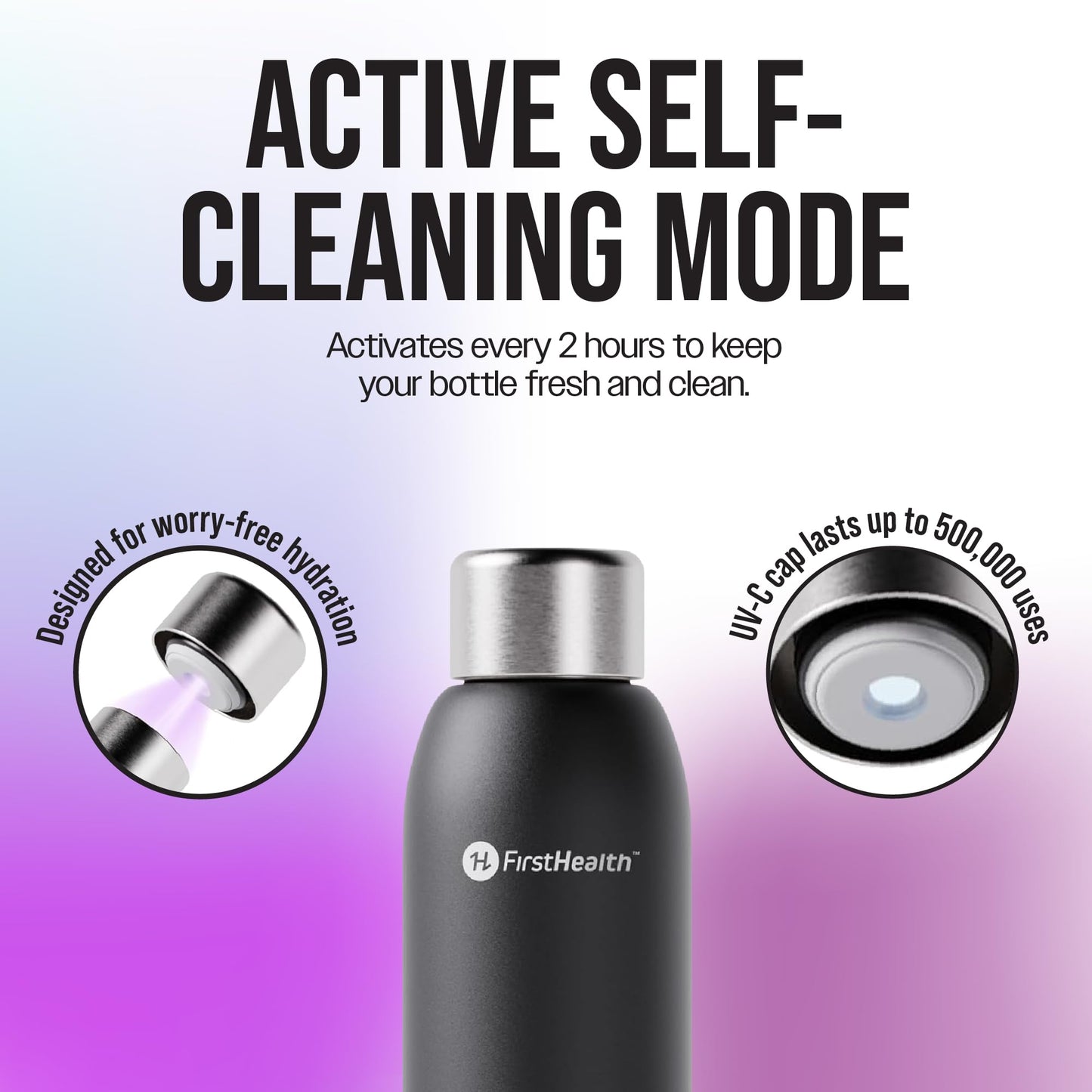 FIRSTHEALTH UV Self-Cleaning Water Bottle, 18oz Insulated Stainless Steel Tumbler with UV-C Purifier, Rechargeable Self-Sterilizing Cap, Kills 99.9%…