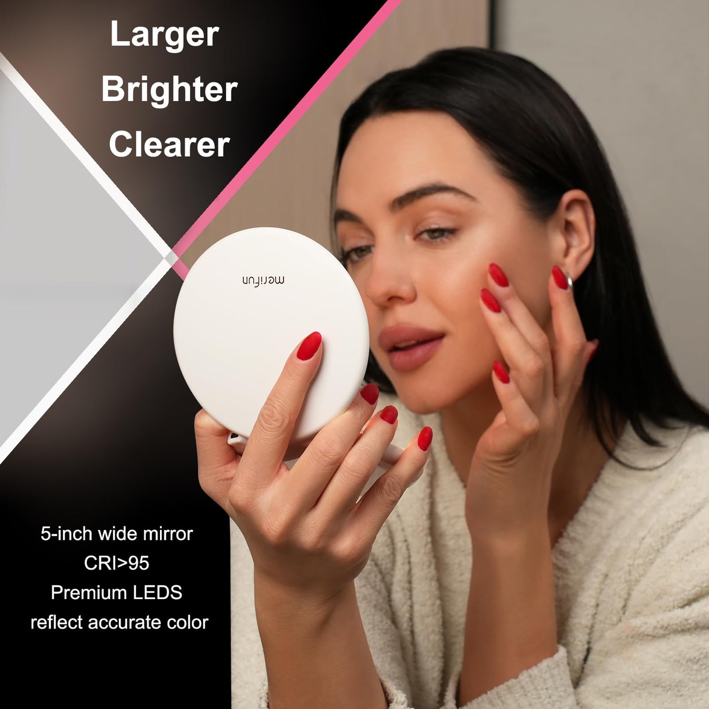 LED Lighted Compact Magnifying Travel Makeup Mirror - 5 inches Double Sided 1X/10X Magnification, USB Rechargeable 1000mAh, Touch Screen, 56 High-CRI