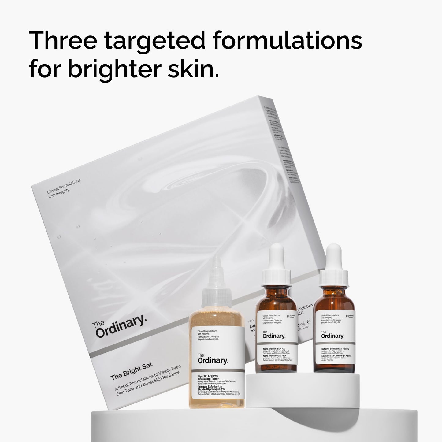 The Ordinary The Bright Set, 3-Step Regimen for Radiant, Even Skin Tone with Glycolic Acid 7% Exfoliating Toner, Alpha Arbutin 2% + HA, and Caffeine