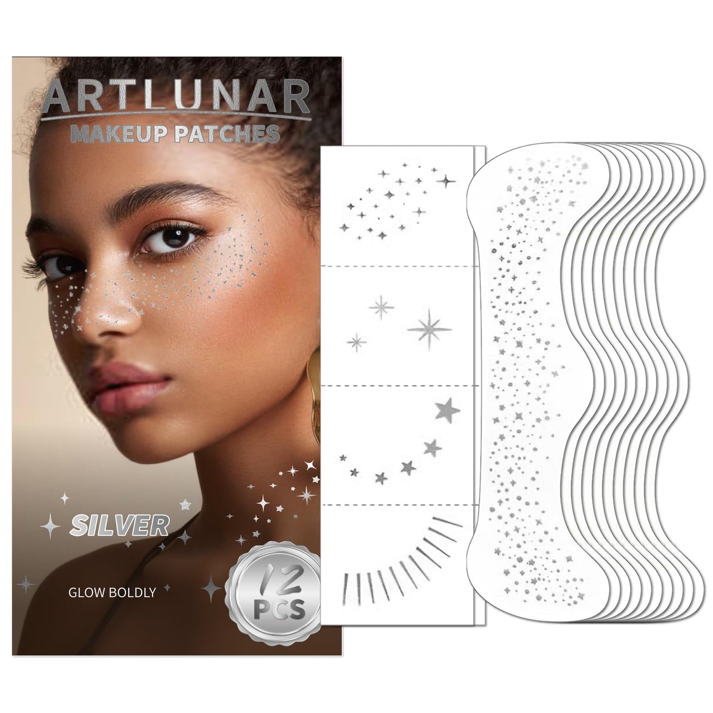 Artlunar 12Pcs Face Glitter Makeup Patches, Glitter Makeup Accessories for Women & Girls, Perfect for Music Festivals, Easter, Concerts, Parties