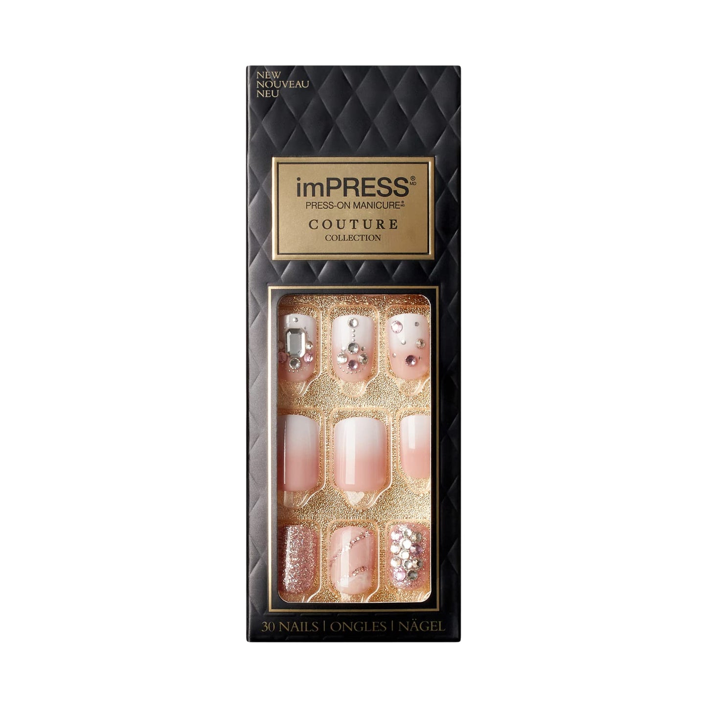 KISS imPRESS Couture Collection Press-On Manicure, Woo, with Jewelled Accents, Includes 30 Fake Nails, Prep Pad, Mini File, and Cuticle Stick Beauty & Personal Care KISS