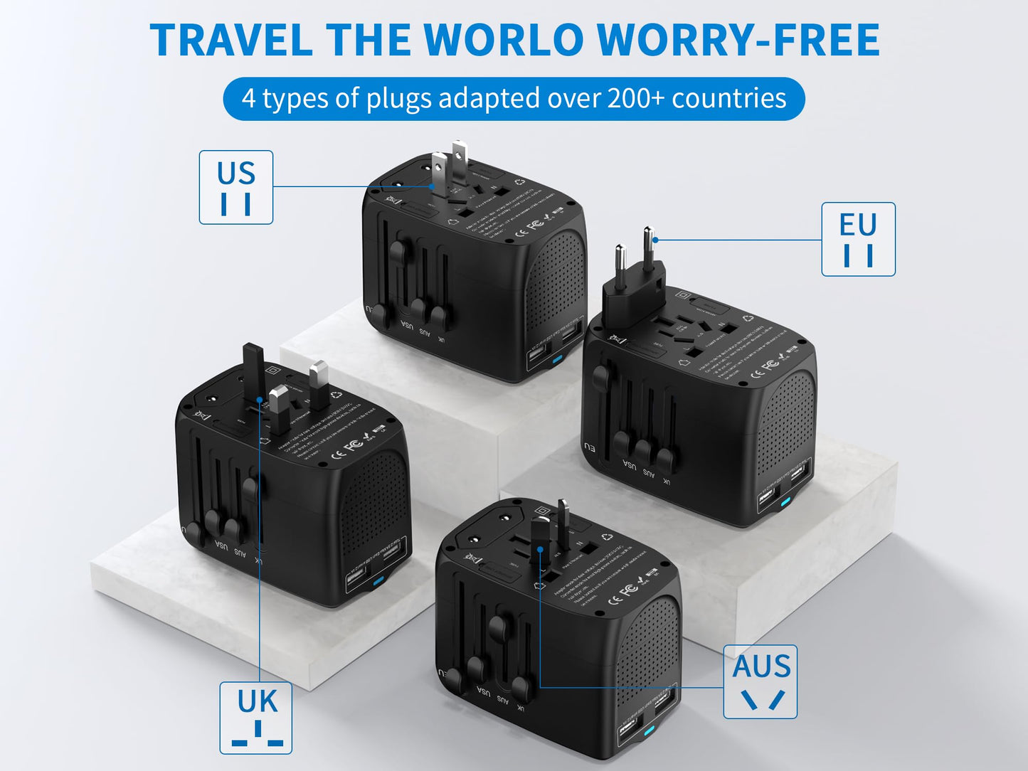 International Travel Adapter & Voltage Converter – 100V-240V Combo with 2 USB Ports, USA to UK, EU, AU Plug for 200+ Countries