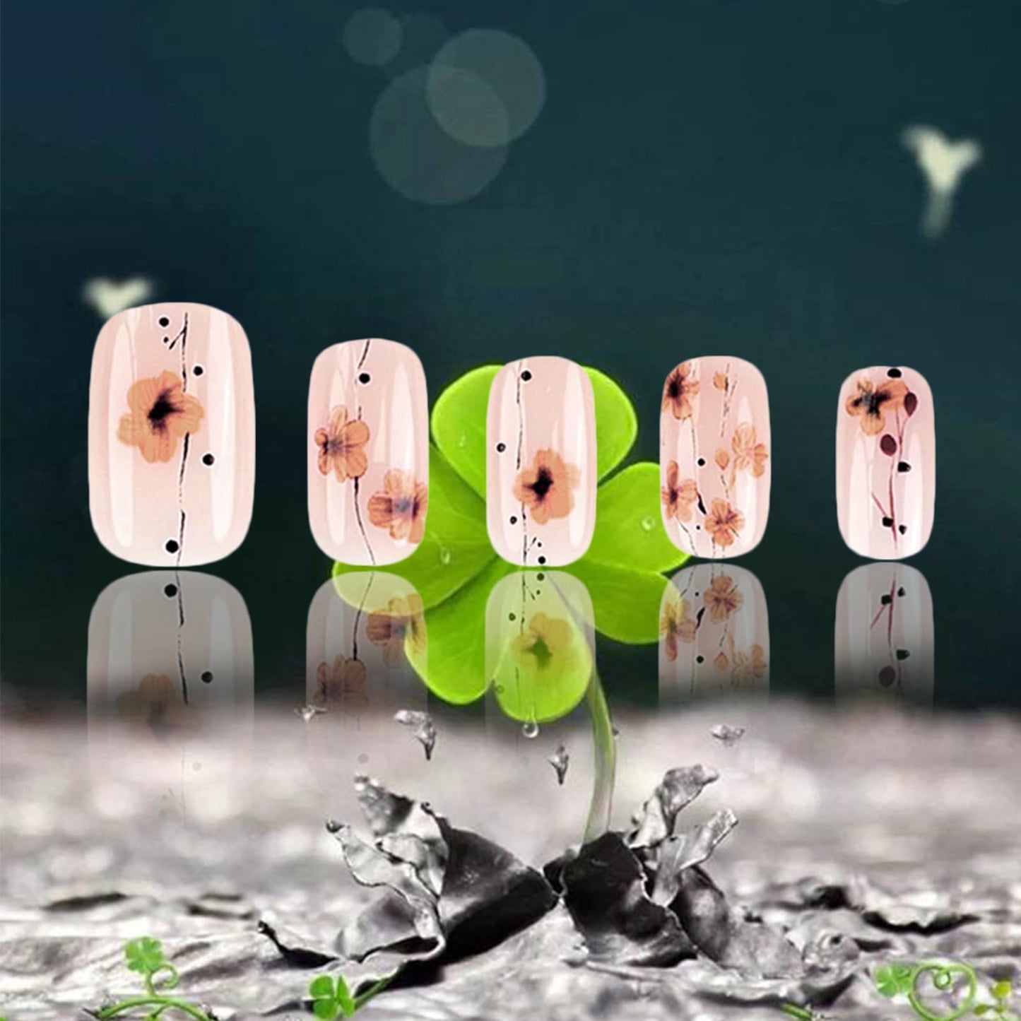Winter Flower Press on Nails Glossy Brown Flower Acrylic Fake Nails 24Pcs Black Curve Line False Nails Flower Gel Glue on Nails for Manicure Flower Beauty and Personal Care AROVFAM