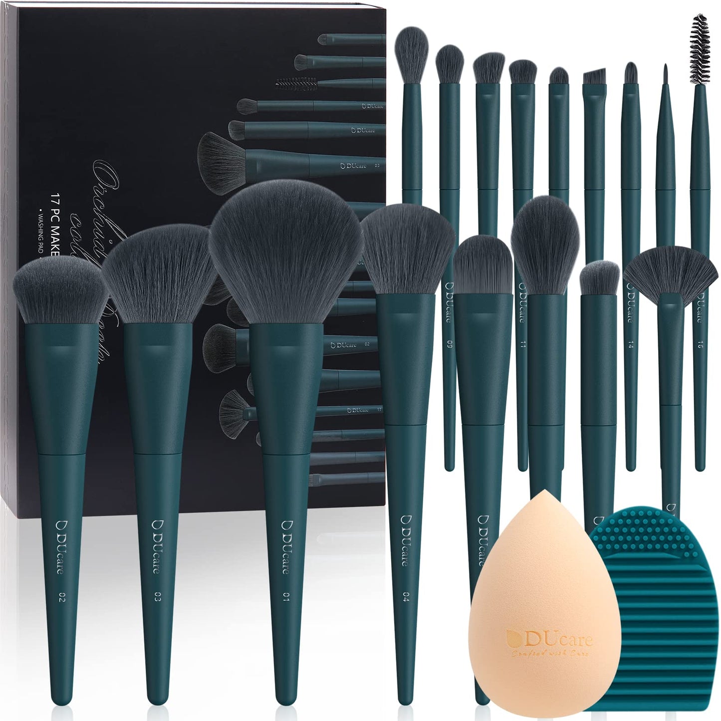 DUcare Christmas Makeup Gift Set 19 Pcs,17pcs Brushes Brush 1pc Cleaning Mat and 1pc Makeup Sponge Professional Face Powder Eye Shadow Powder Liquid