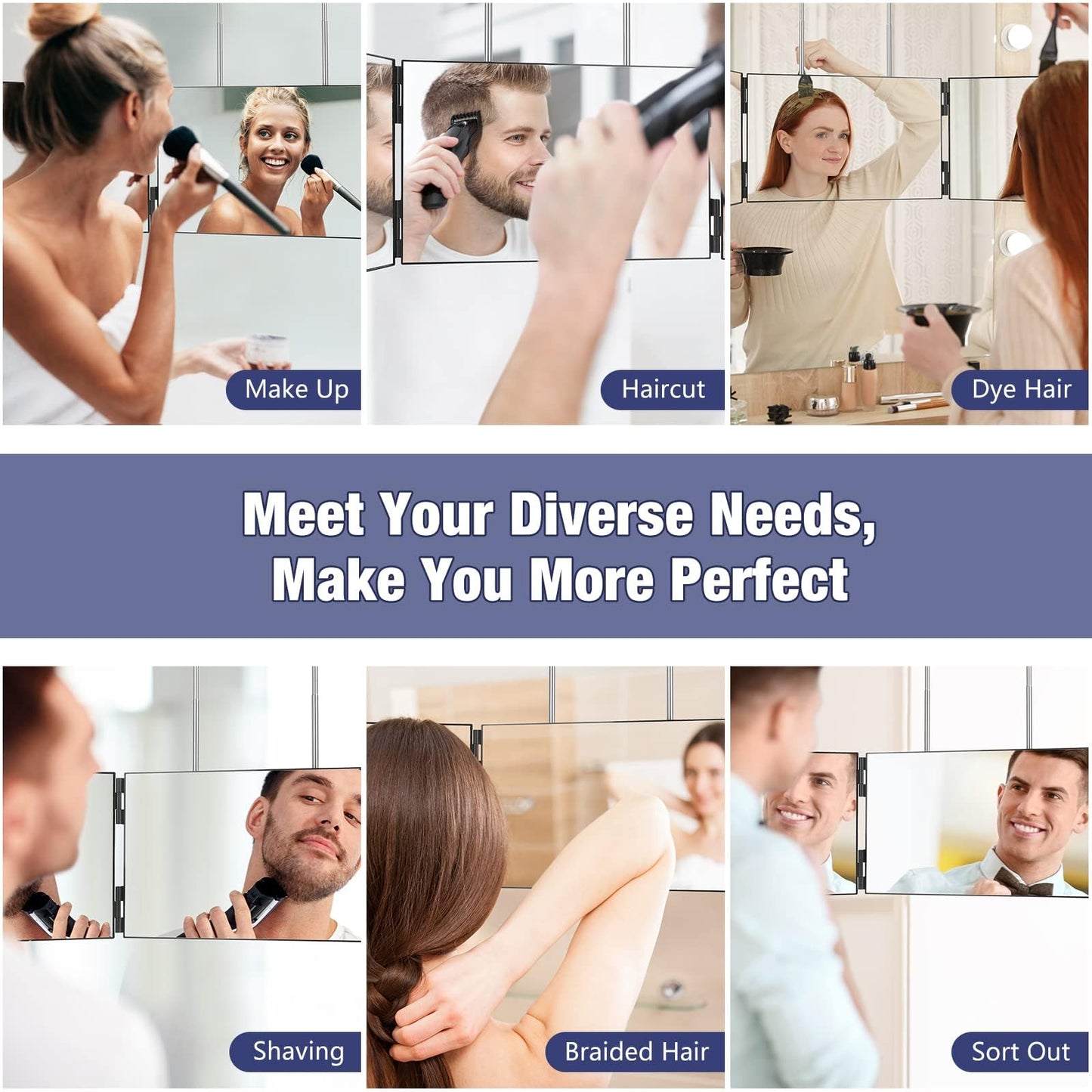 Dripex 3 Way Mirror for Men or Women, 360° Trifold Self Haircut Mirror with Height Adjustable Hooks, for Makeup, Styling, Shaving, Braiding, Dye Hair
