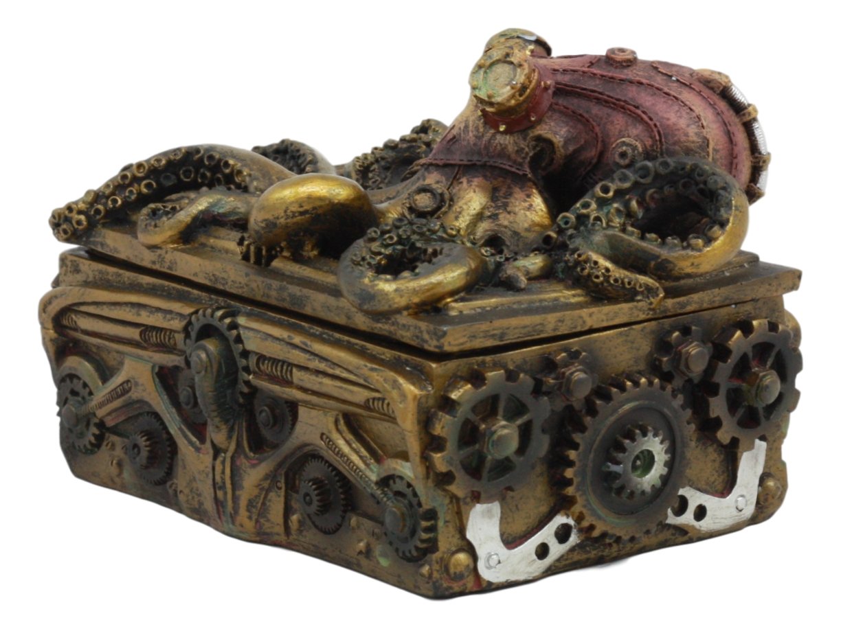 Ebros Faux Bronze Steampunk Octopus On Pirate Treasure Chest Decorative Jewelry Box Figurine Gas Mask Kraken Foot Soldier Warrior Statue