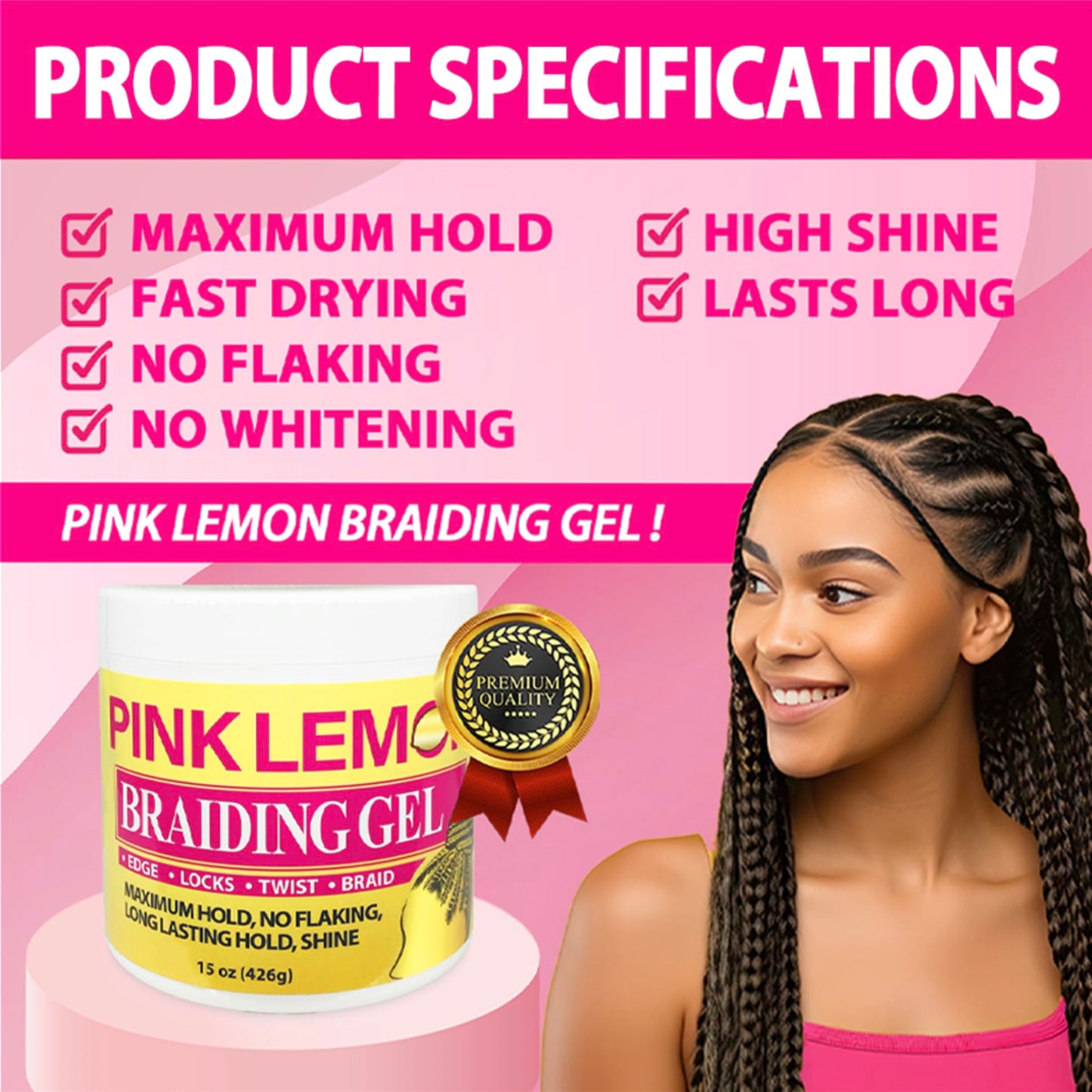PINK LEMON Braiding Gel- Maximum Hold, No Flaking, Long Lasting Hold, High Shine. For Micro, Inter, Dread, Faux, Loc, Twist, Braid, Edge. (15 oz)