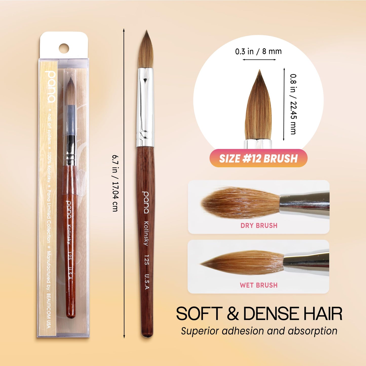 PANA Pure Kolinsky Hair Acrylic Nail Brush - Oval Crimped Mahogany Wood Handle (Size 12) Beauty & Personal Care PANA