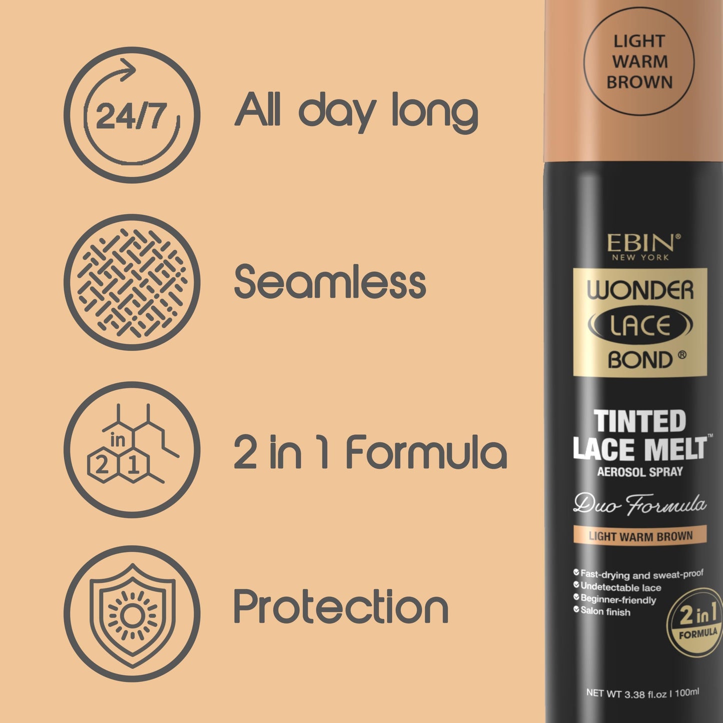 EBIN NEW YORK Wonder Lace Bond Tinted Lace Melt Aerosol Spray - Dark Brown 3.38oz/ 100ml - Quick Dry No Transfer Formula, Humid Resistant, Infused