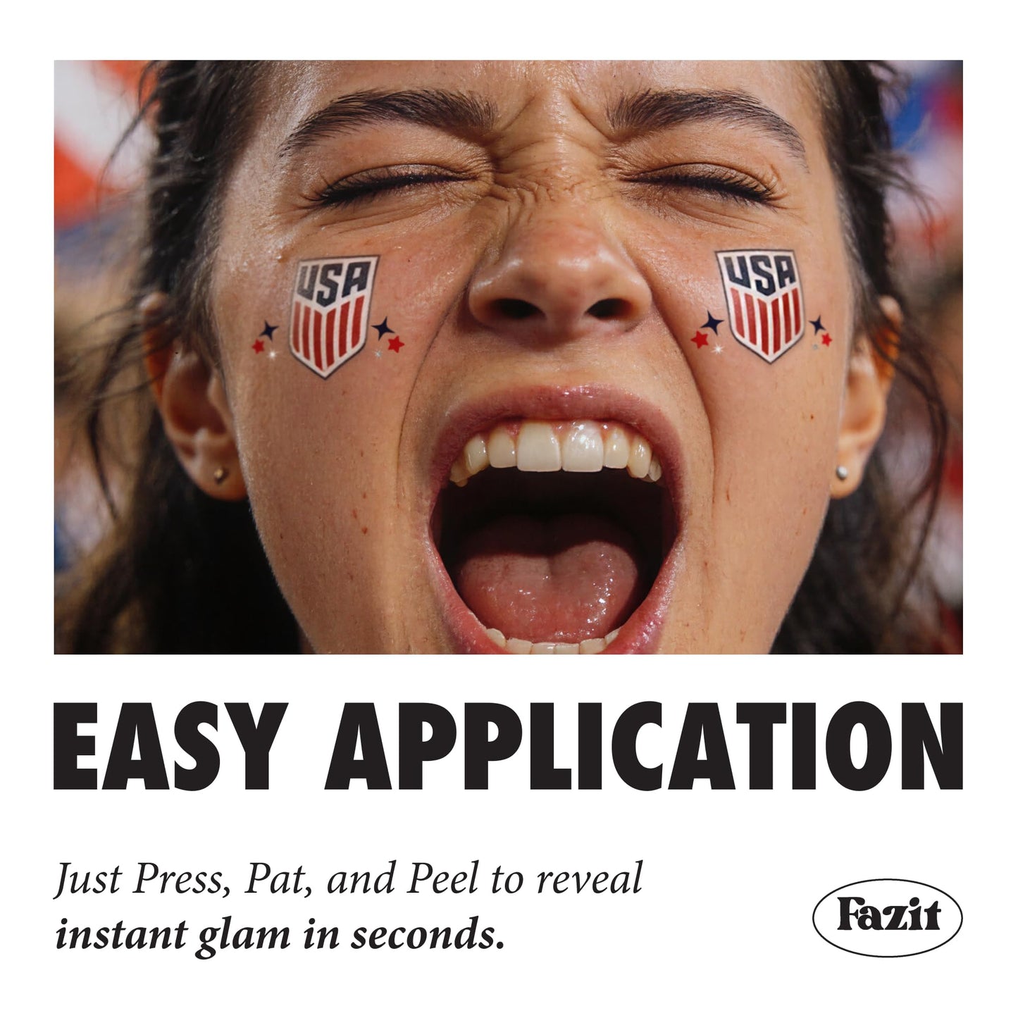 Fazit US Soccer Crest - Red, Blue & Silver Glitter Makeup Patches - Waterproof & Sweat-Proof Face Stickers - Long-Lasting Game Day Glam, USA Spirit