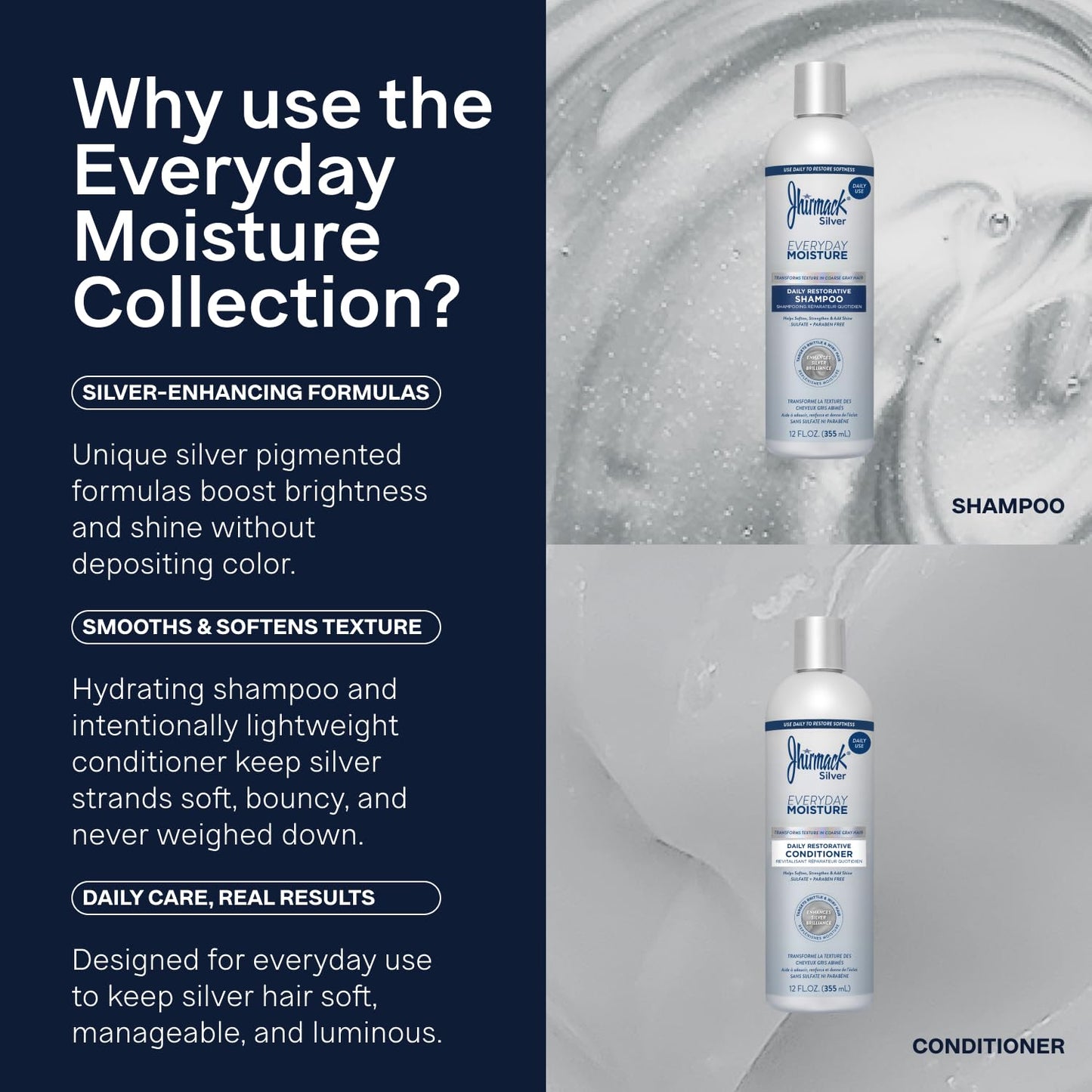 Jhirmack Silver Everyday Moisture Daily Restorative Shampoo and Conditioner Set | For all types of Silver, Grey, and White Hair | 12 fl oz each
