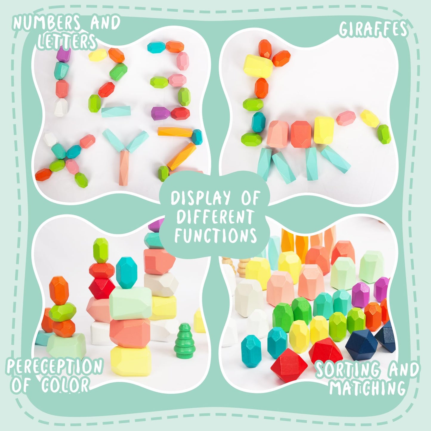 WOODENFUN 48pcs Wooden Stacking Rocks – Montessori Sensory STEM Building Blocks Game for Kids Ages 3-6, Educational Birthday Gift