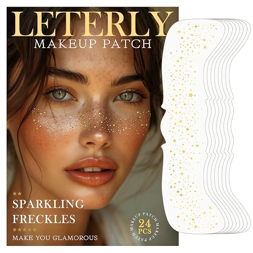 Leterly 24 Pcs Glitter Freckles Face Tattoo,Gold Face Glitter Makeup Patches Cute Sparkle Freckles Patches Waterproof Makeup Speckles for Face