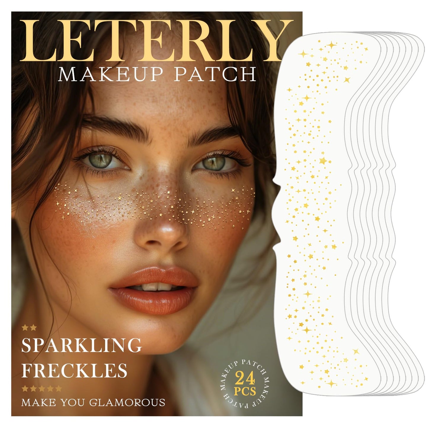 Leterly 24 Pcs Glitter Freckles Face Tattoo,Gold Face Glitter Makeup Patches Cute Sparkle Freckles Patches Waterproof Makeup Speckles for Face