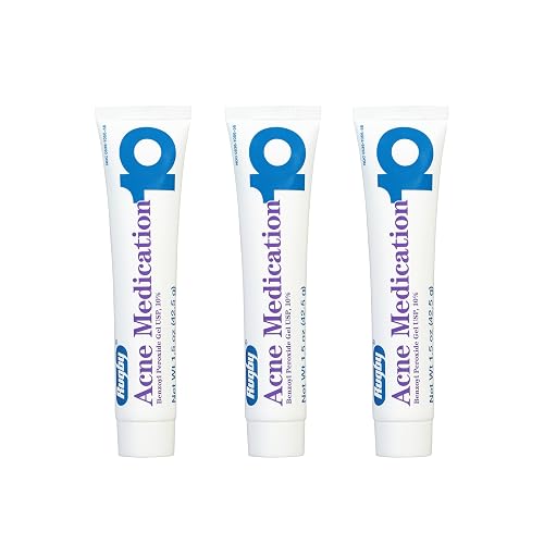 Rugby Acne Medication Benzoyl Peroxide Gel USP, 10% - Clear Up Acne Pimples - Greaseless, Vanishing Formula - 1.5 Oz (42.5g) - 3 Pack