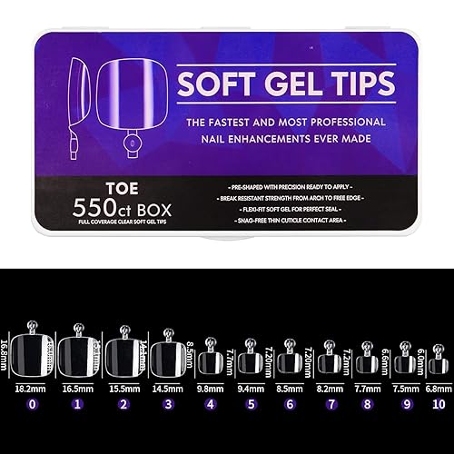 Cycullinyt 550pcs Square Soft Gel Toe Nail Tips, 11 Sizes Square Toenails Full Cover Acrylic Press on False Nail Tips No Trace for Beginners