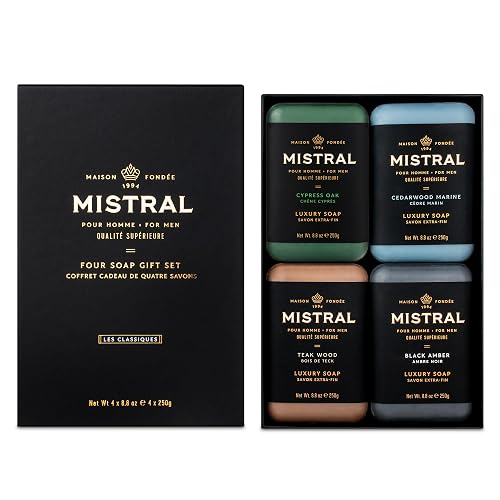 Mistral Men’s Luxury Bar Soap for Men | Gift Set (4 x 8.8 oz) - Cypress Oak, Cedarwood Marine, Teak Wood, Black Amber | Moisturizing, Triple-Milled