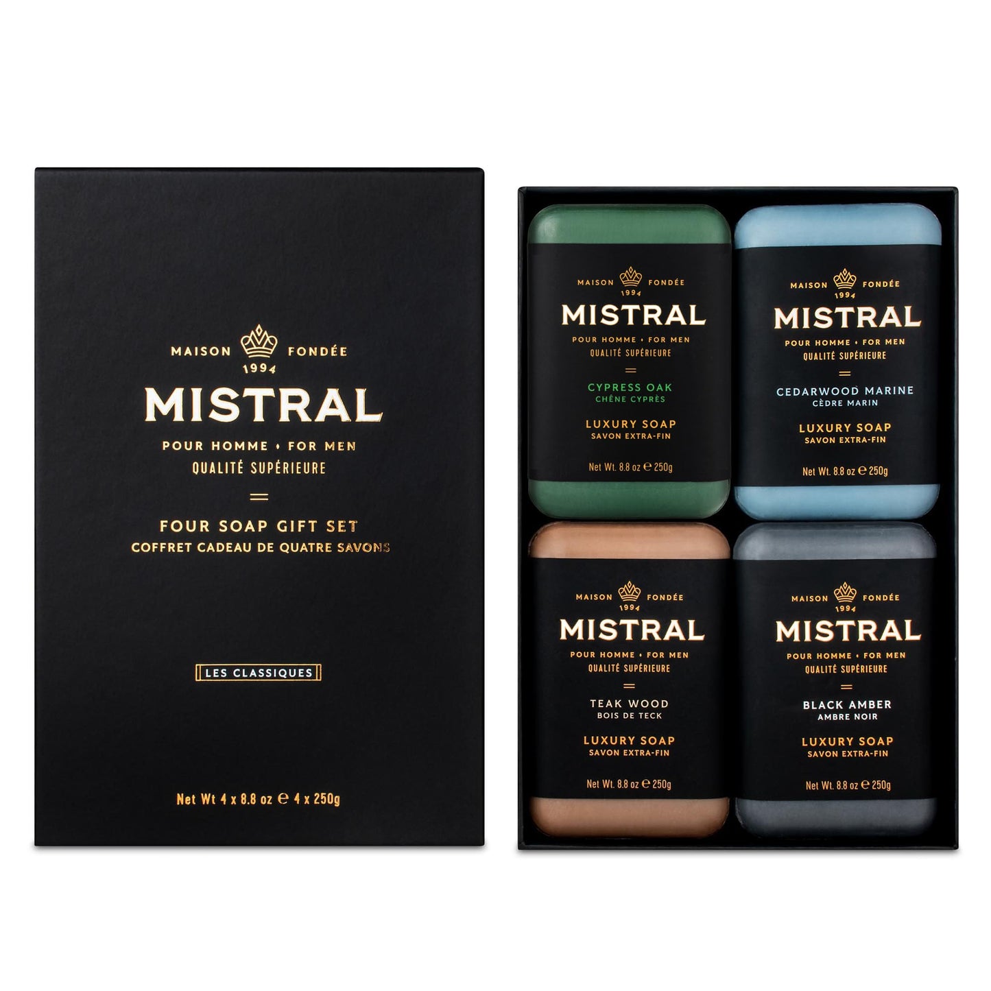 Mistral Men’s Luxury Bar Soap for Men | Gift Set (4 x 8.8 oz) - Cypress Oak, Cedarwood Marine, Teak Wood, Black Amber | Moisturizing, Triple-Milled