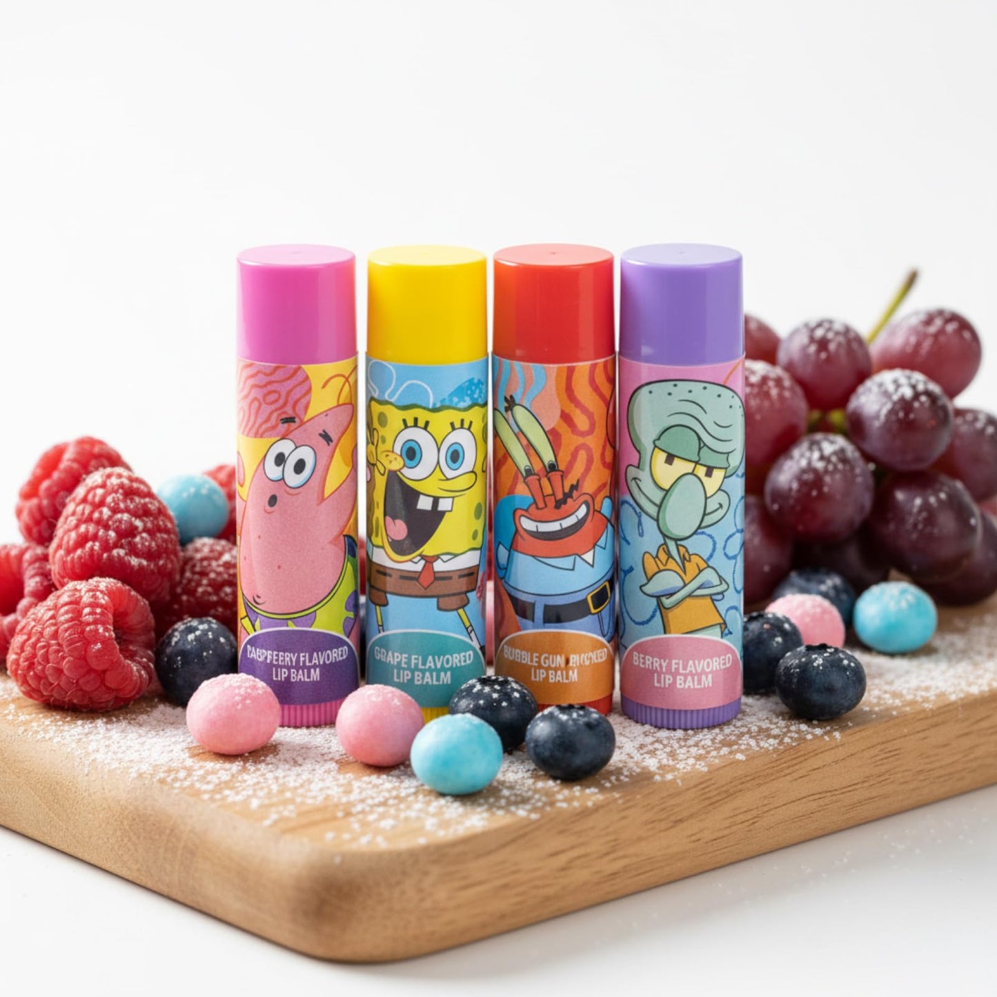 Spongebob Squarepants 4PK Plant-Based, Fruity Scented Lip Balm, & 1 Tin, Colorful Hydrating Mosturizor Swirl Lip Balm Set for Kids, by Townley Girl