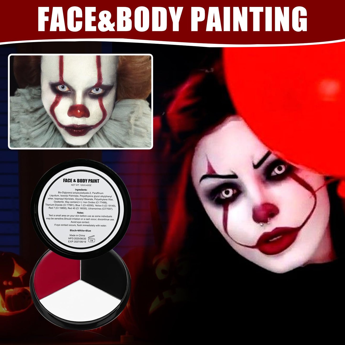 VPCRT6 White Black Red Halloween Face Body Paint with 3PCS Sponge and 1PC Brush, for Baseball, Softball Sports(Eye Black) & Halloween (Joker, Clown)