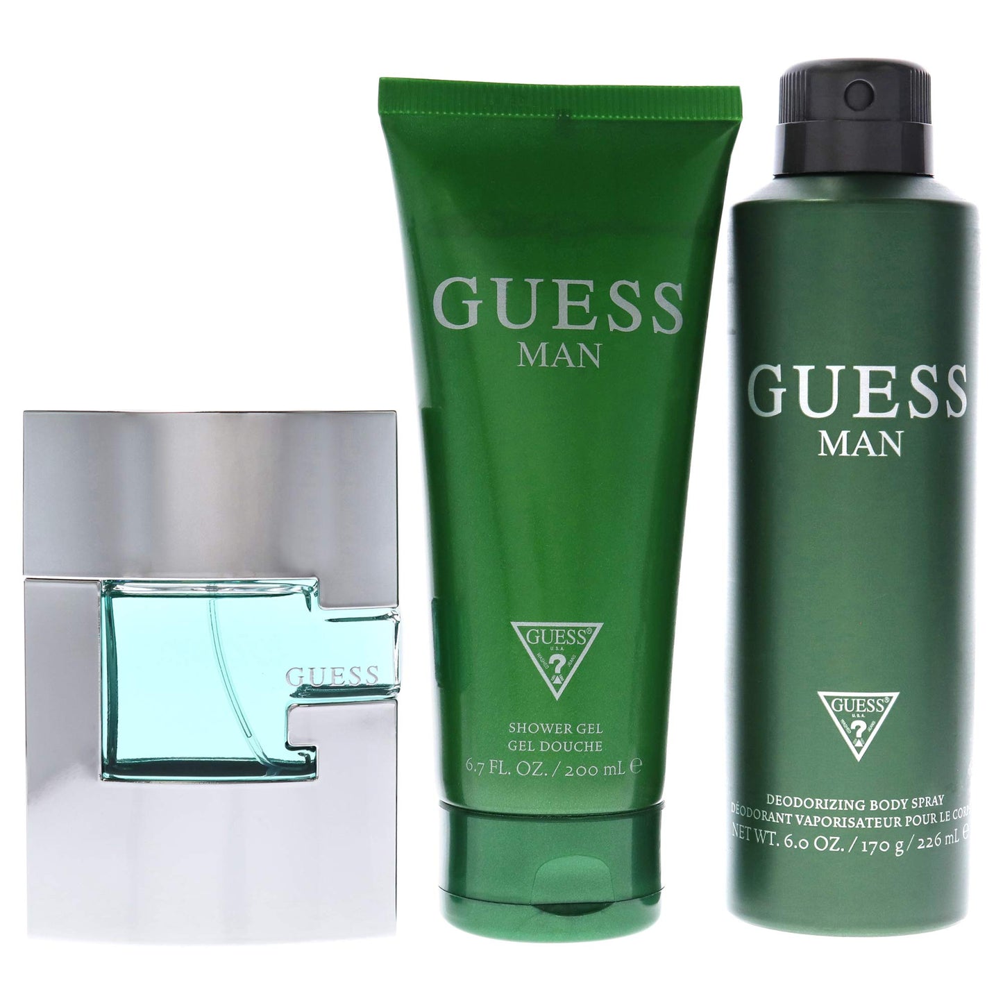 Guess Man 3 Pc Gift Set 2.5oz EDT Spray, 6oz Deodorizing Body Spray, 6.7oz Shower Gel GIFTSET