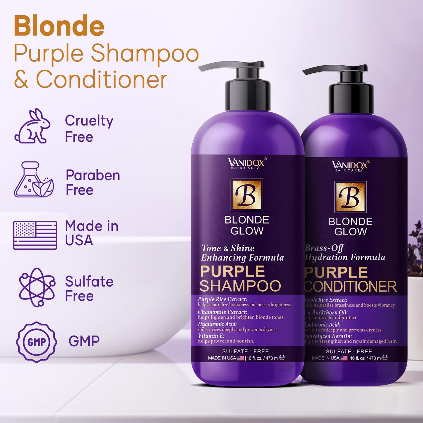 VANIDOX Sulfate Free Brass Toning Purple Shampoo and Conditioner Set for Blondes, Brown Highlighted, or Bleached Hair, Shampoo for Blondes Infused
