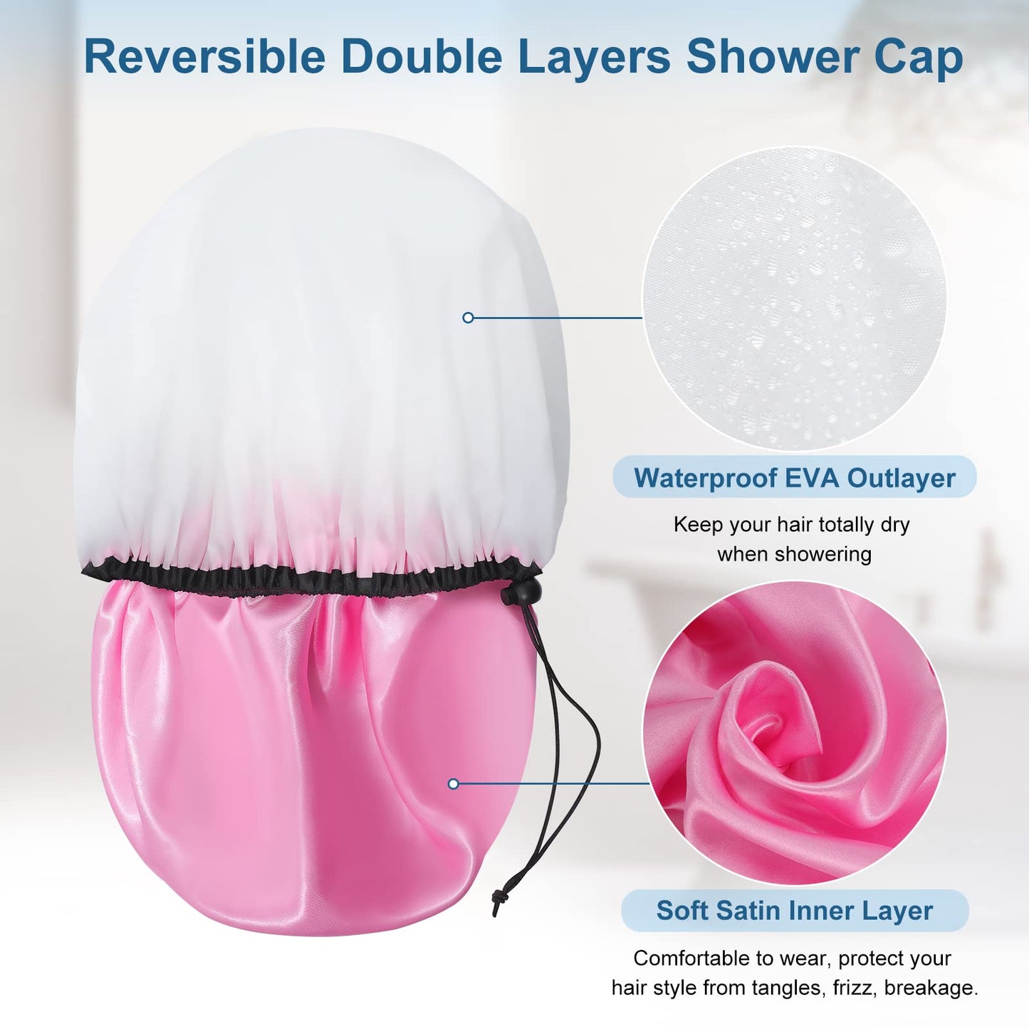3 Pcs 16.5" Super Extra Large Shower Cap, Reusable Dual Waterproof Shower Cap for Women, Jumbo Satin Lined Shower Cap for Braids & Long Hair, XXL