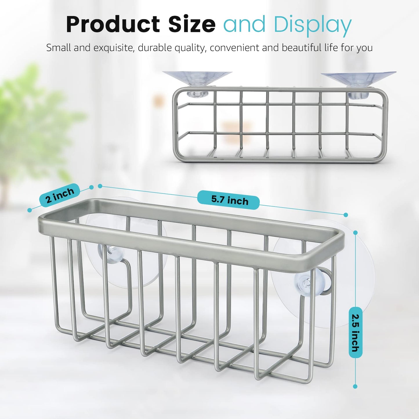 HLOOL Kitchen Sink Sponge Holder – Matte Silver Sink Caddy & Dish Soap Organizer