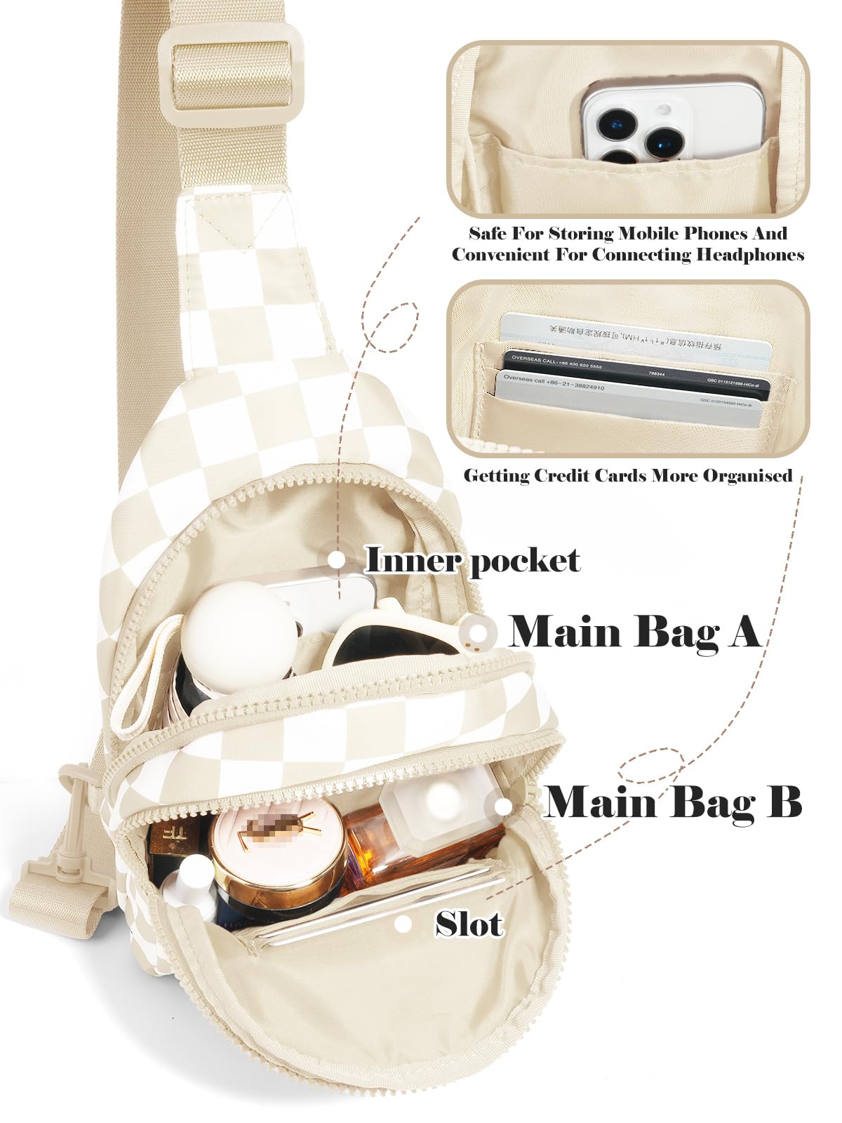 Checkered Sling Bag for Women Small Backpack Crossbody Chest Bag Fanny Packs Purses (Checkered Sling Bag - Beige)