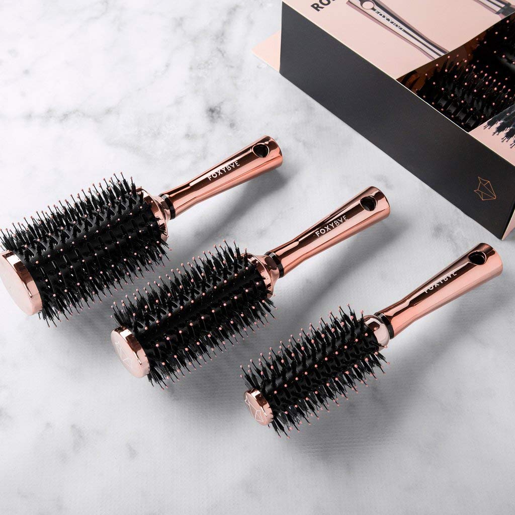 FoxyBae Hair Brush Set - Round Detangler for All Hair Types - Professional Volumizer & Styling Brushes with Vented Barrel - Boar & Nylon Bristles
