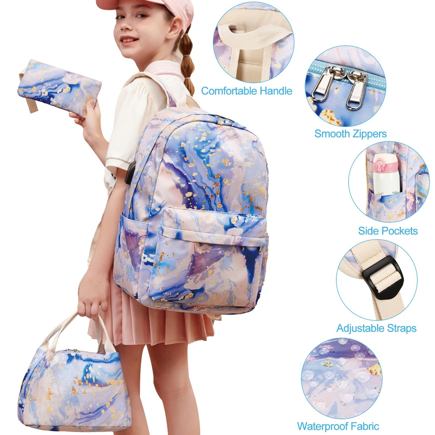 Natayoo Teen Girls School Backpack Kids Bookbag Set with Lunch Box Pencil Case Travel Laptop Backpack Casual Daypacks, Large