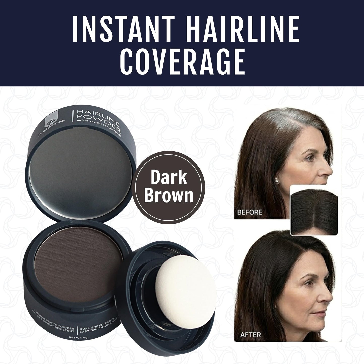 Puggaree Dual Ended Hairline Powder for Root Touch Up and Grey Coverage - Water & Sweat Resistant, Long-Lasting ?#01 Dark Brown?