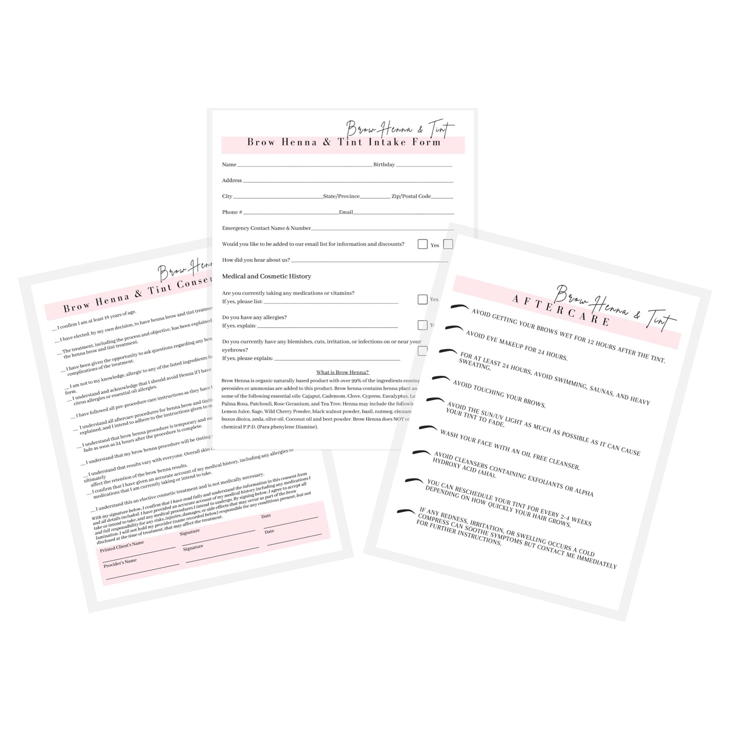Brow Henna and Tint Intake Forms, Consent, and Aftercare Instruction Cards | 75 pk, 25 of Each | for Client Signature Medical History Information