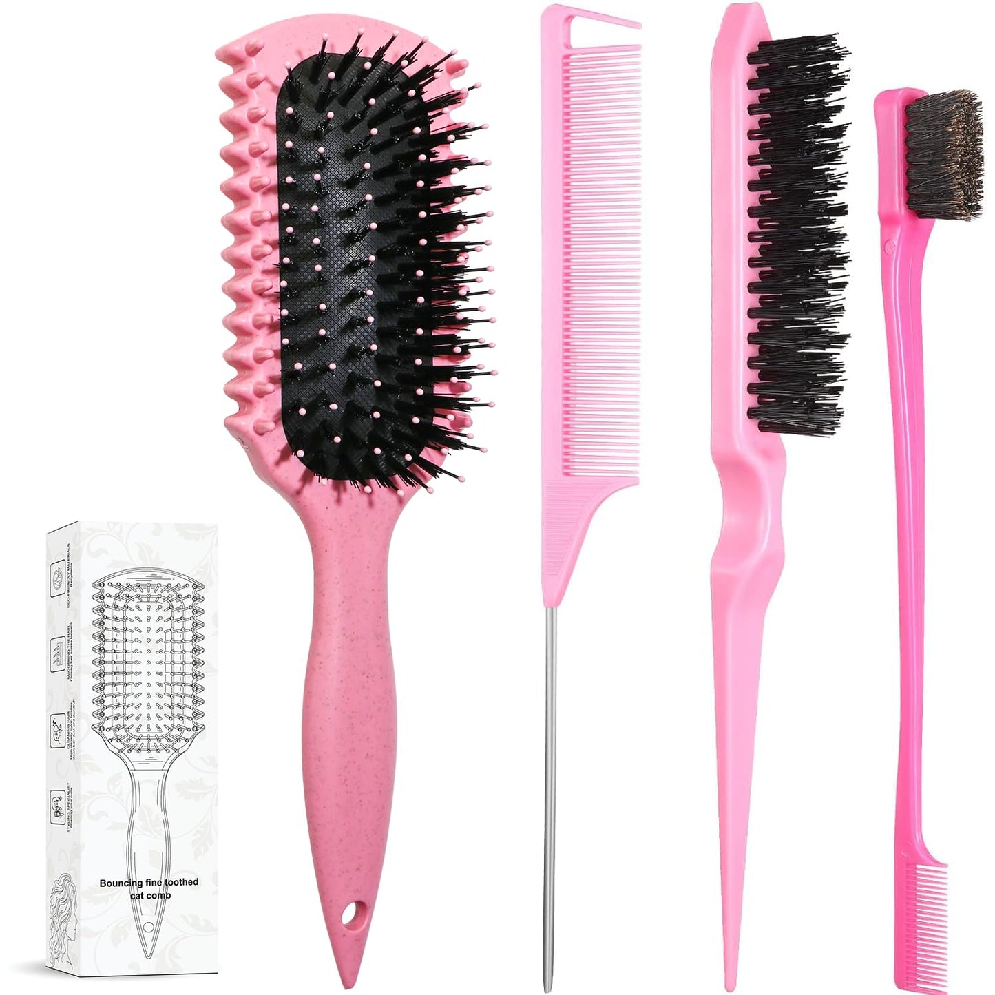 Curl Defining Brush, Curly Hair Brush Products With 3 Pcs Slick Back Hair Brush Set Bristle Brush Edge Control Teasing Comb for women (Pink) Beauty and Personal Care LSKHJT Default Title